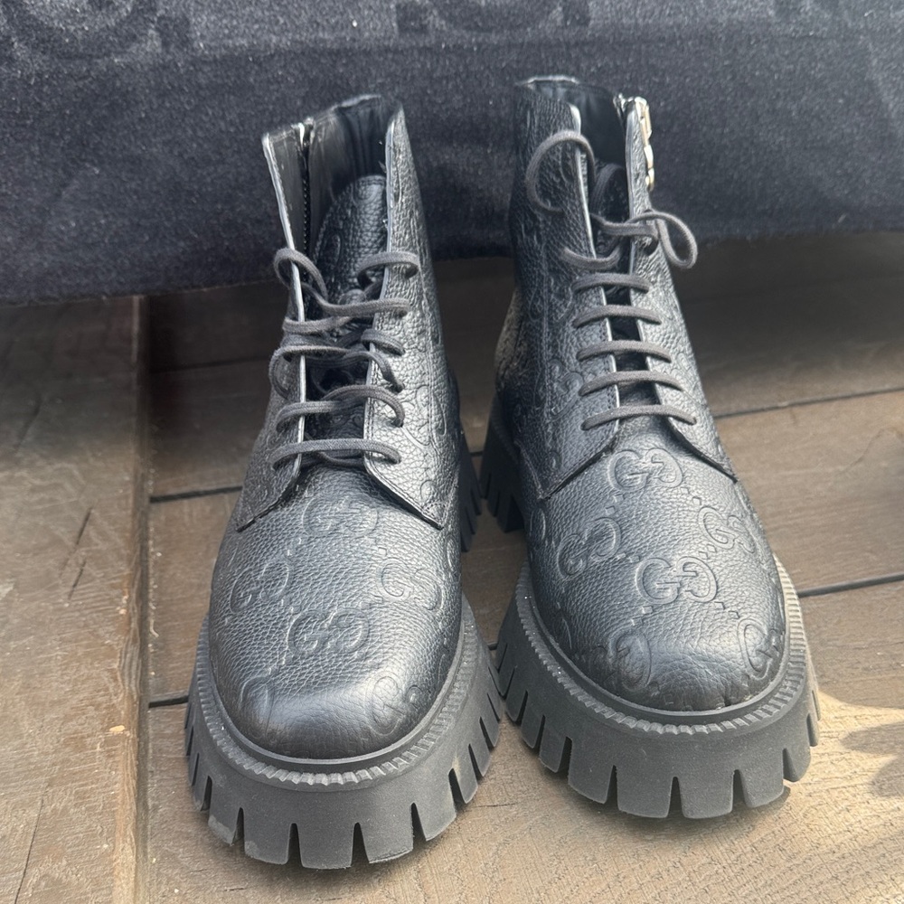 Gucci Black Textured Combat Boots
